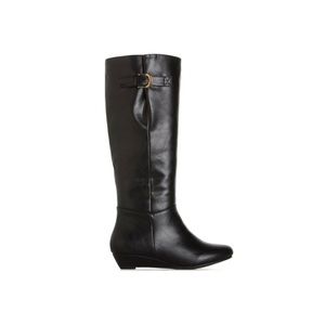 Shoedazzle Paeleigh Black Knee High Wedge Style Lifted Buckle Faux Leather Boots